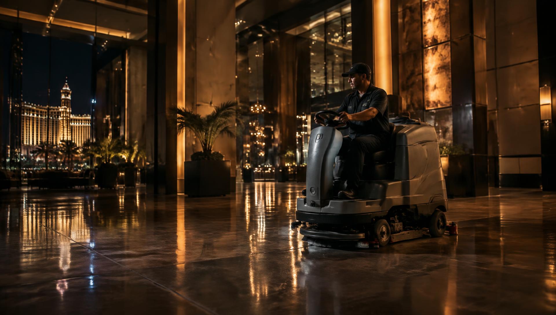 Technician operating a ride-on floor scrubber in a Las Vegas lobby at night